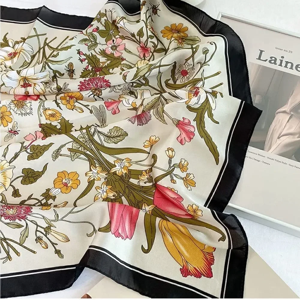 Beige Floral Silky Scarf
